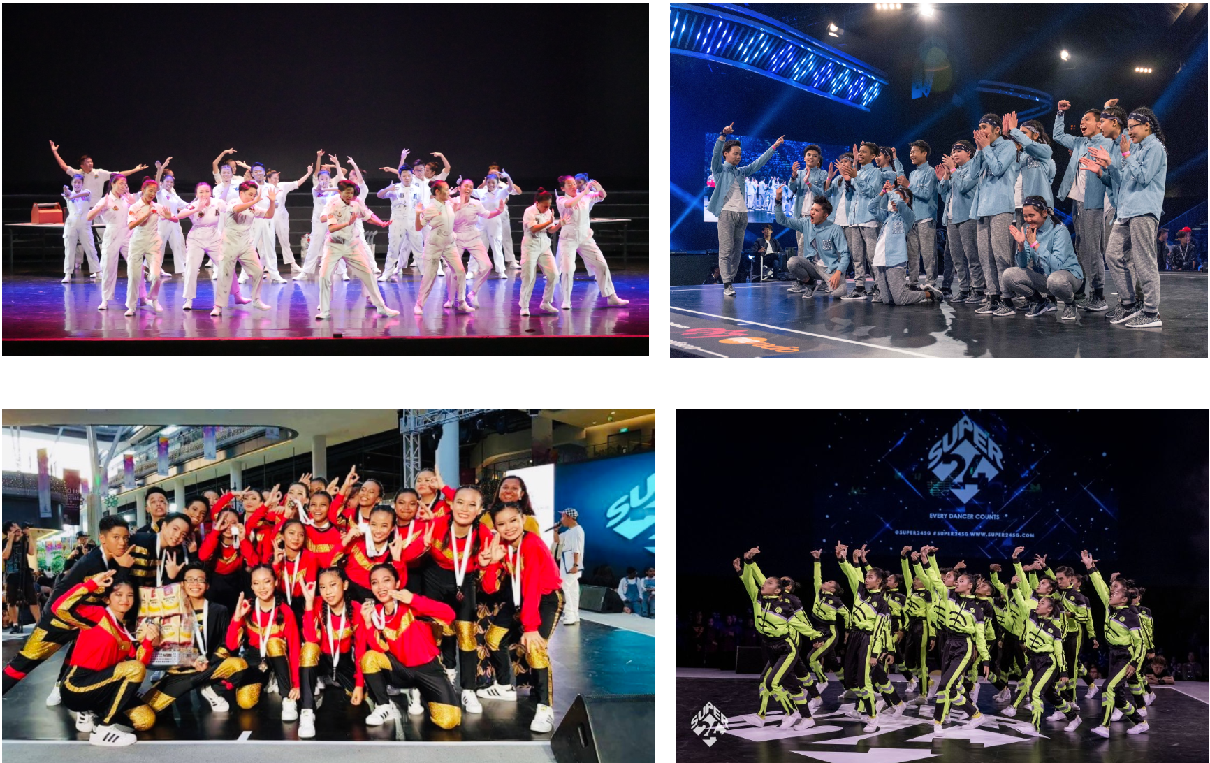 Boogie crews performing and posing at competitions, wearing matching uniforms in white, blue, red, and yellow-green.